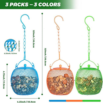 Set of 3 Ball Bird Feeder Squirrel Proof Feeder for Outdoors, Hanging Metal Bird Seed Holder，Mesh Bird Feeders for Garden and Backyard Decoration, Green, Blue,Orange