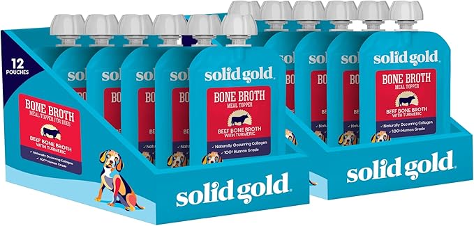 Solid Gold Beef Bone Broth for Dogs - Grain Free Dog Food Topper Rich in Collagen and Superfoods - Nutrient Dense Dog Gravy Topper for Dry Food - Promotes Gut Health and Hydration - 12 Pack