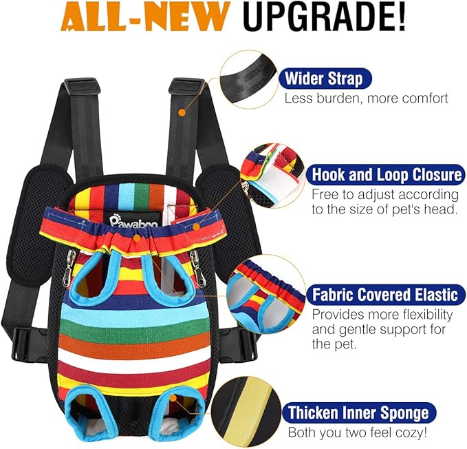 Pawaboo Pet Carrier Backpack, Adjustable Pet Front Dog Cat Carrier Backpack Travel Bag, Legs Out, Easy-Fit for Hiking Traveling Camping for Medium Small Cats Dogs Puppies, Large, Colorful Strips