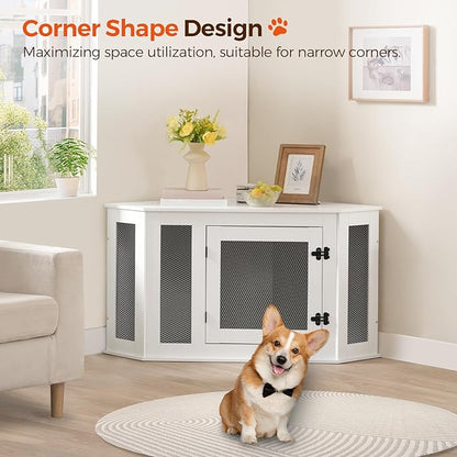 Corner Dog Crate Furniture, Wooden Dog Kennel End Table, Decorative Pet Crate Indoor Use, Furniture Style Dog House for Small Medium Dog, Dog Cage TV Stand, White and Black DCWT0801