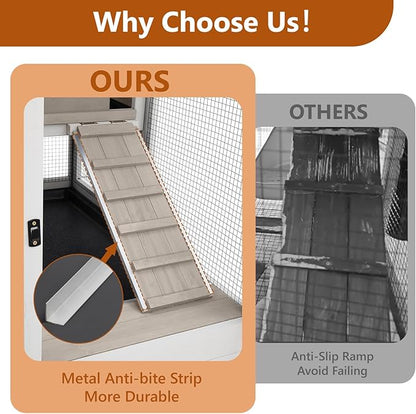 2 Story Rabbit Hutch Indoor with 2 Deeper Pull-Out Trays, Wooden Rabbit Cage with 4 Lockable Wheels, Ramp, Chew-Anti Metal Strip for Rabbit, Guinea Pig, Hamster(40.2" L X 23.2" W X 36.6" H)