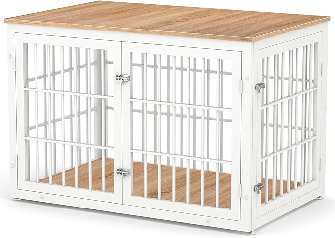 48 Inch Heavy Duty Dog Crate Furniture for Large Dogs, Decorative Pet House End Table, Extra Large Wooden Cage Kennel Furniture Indoor, Natural and White