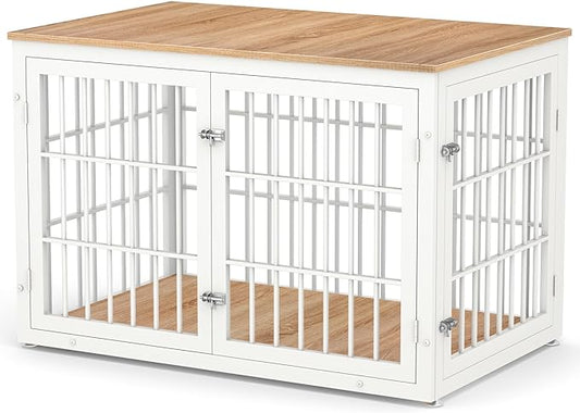 48 Inch Heavy Duty Dog Crate Furniture for Large Dogs, Decorative Pet House End Table, Extra Large Wooden Cage Kennel Furniture Indoor, Natural and White