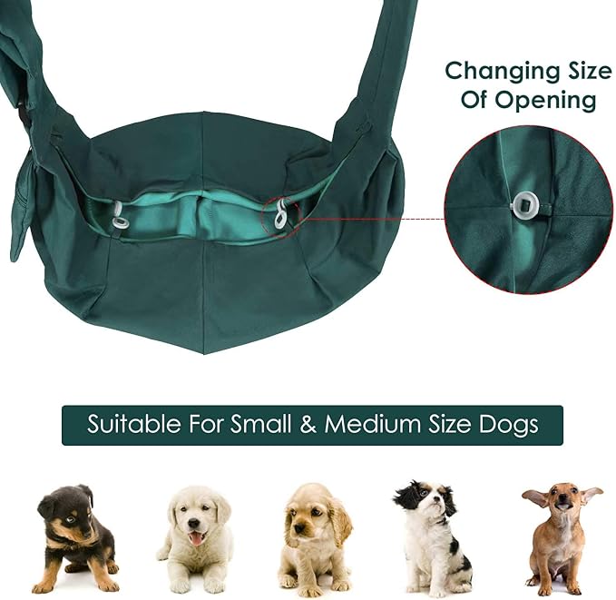 Dog Padded Papoose Sling, Small Pet Sling Carrier Hands Free Carry Adjustable Shoulder Strap Reversible Tote Bag with a Pocket Safety Belt Dog Cat Traveling Subway (5-12lbs, Green)