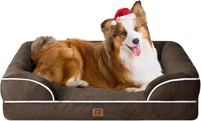EHEYCIGA Orthopedic Dog Beds for Large Dogs, Waterproof Memory Foam Large Dog Bed with Sides, Non-Slip Bottom and Egg-Crate Foam Large Dog Couch Bed with Washable Removable Cover, Brown