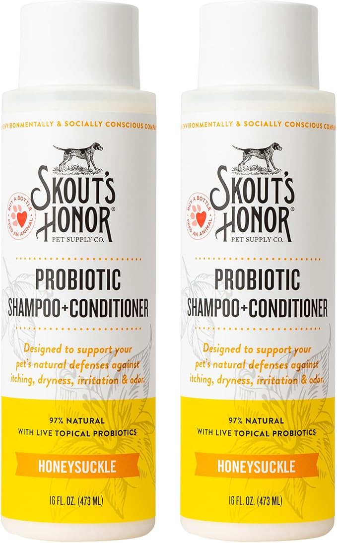 Skout's Honor Probiotic Pet Shampoo & Conditioner with Avocado Oil & Omega-3s, 97% Natural, Paraben & Sulfate-Free, Cruelty-Free, 16oz, Honeysuckle 2-Pack