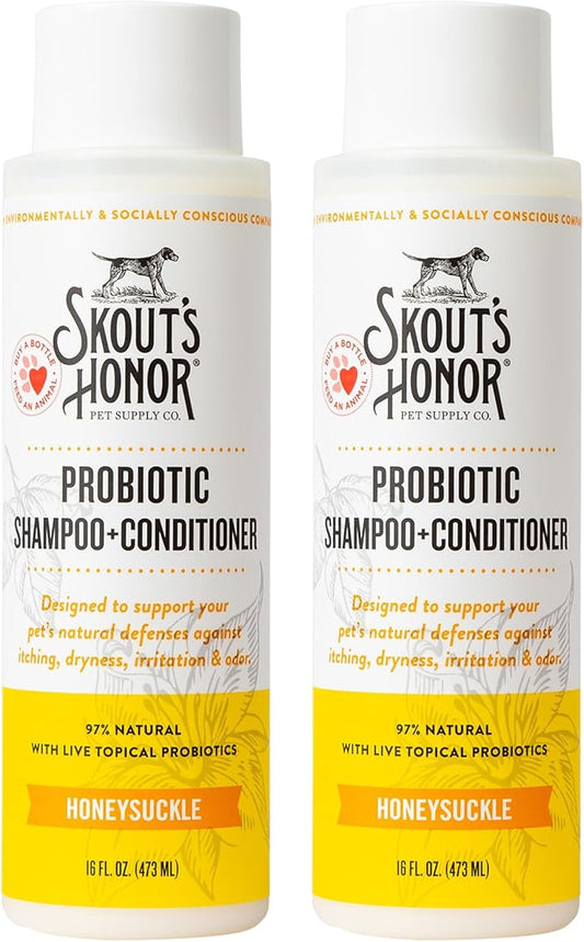 Skout's Honor Probiotic Pet Shampoo & Conditioner with Avocado Oil & Omega-3s, 97% Natural, Paraben & Sulfate-Free, Cruelty-Free, 16oz, Honeysuckle 2-Pack