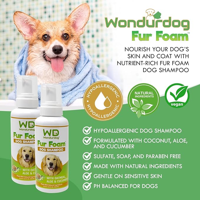 Fur Foam Dog Shampoo with Oatmeal, Coconut and Aloe. Hypoallergenic, Softens Coat, Moisturizes Dry Skin, Restores Shiny, Lathers from Bottle. (16.9oz)