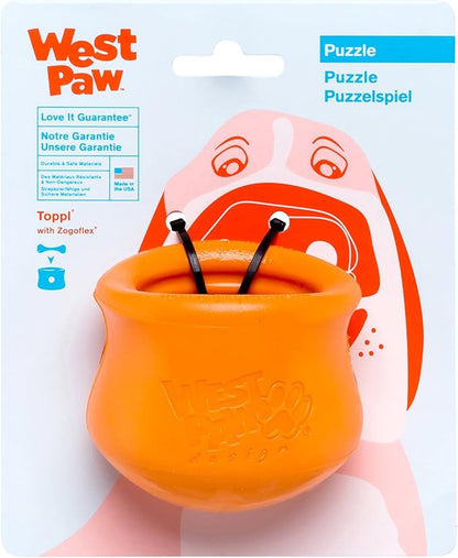 West Paw Zogoflex Toppl Treat Dispensing Dog Toy Puzzle  Interactive Chew Toys for Dogs  Dog Toy for Moderate Chewers, Fetch, Catch  Holds Kibble, Treats, Small 3", Tangerine