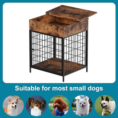 Small Dog Crate End Table,Dog Crate Furniture, Dog Kennel End Table with Storage Drawer, Chew-Proof Metal Fence, Lockable Door, Wooden Pet Cage Side Table Indoor