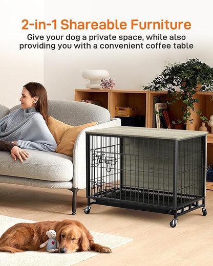 Dog Crate Furniture, 38.6" Wooden Dog Kennel Indoor, Double Doors Dog Cage with Removable Tray, Wheels, Large Dog Crate End Table for Medium/Large Dogs, Grey