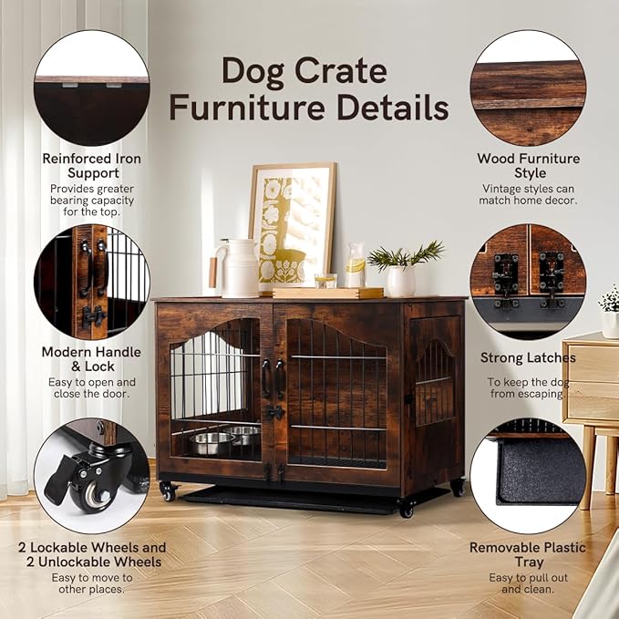 Snowtaros Dog Crate Furniture with 360° Rotatable Hidden Bowls, Heavy Duty Wooden Dog Kennel with Double Doors, Dog Cage End Table Indoor with Removable Tray Swiveling Wheels for Small Medium Dogs