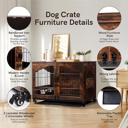 Snowtaros Dog Crate Furniture with 360° Rotatable Hidden Bowls, Heavy Duty Wooden Dog Kennel with Double Doors, Dog Cage End Table Indoor with Removable Tray Swiveling Wheels for Small Medium Dogs