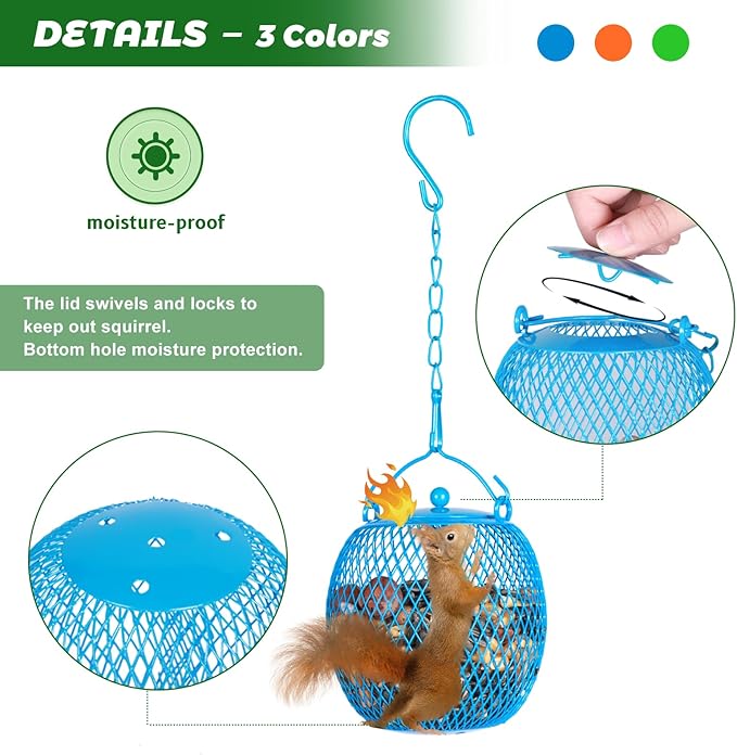 Set of 3 Ball Bird Feeder Squirrel Proof Feeder for Outdoors, Hanging Metal Bird Seed Holder，Mesh Bird Feeders for Garden and Backyard Decoration, Green, Blue,Orange