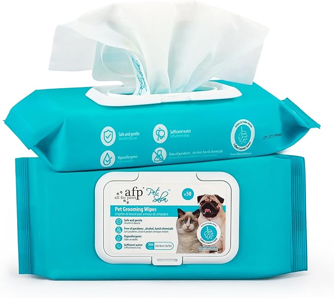 ALL FOR PAWS Natural Dog Grooming Wipes, 7 x 8 inches, 50 Count*2, Olive Oil & Coconut Extract, Larch Scent
