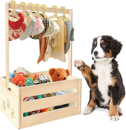25" x 17" x 12" Wooden Pet Wardrobe Closet,Puppy Toy Basket with Hanging Rods,Pet Clothes Rack for Dog Organization and Storage,Wooden Crate for Dog/Cat Closet,Perfect for Toys Clothes and Accessories