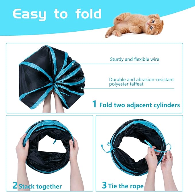 Sheldamy Cat Tunnel, S-2-Way Cat Tunnels for Indoor Cats, Collapsible Cat Play Tunnel, Interactive Toy Maze Cat House with 1 Play Ball for Cats, Puppy, Kitty, Kitten, Rabbit (Blue & Black)