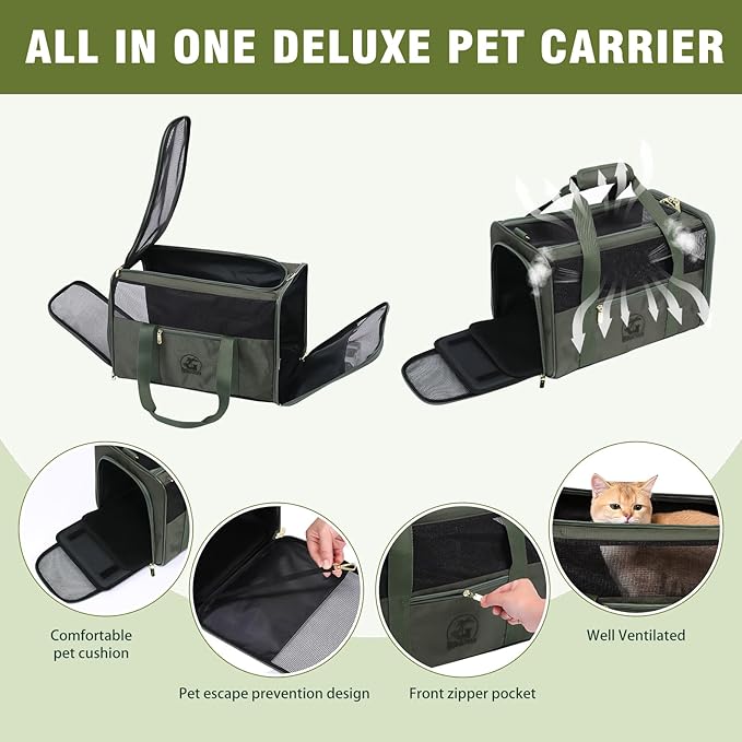 Luxury Pet Carrier for Dogs, Cats, Puppies - Airline TSA Approved, Durable Anti-Scratch Fabric, Soft-Sided, Consistent Airflow, Foldable Design, Cushion Pad, Travel (Olive Green, Medium)