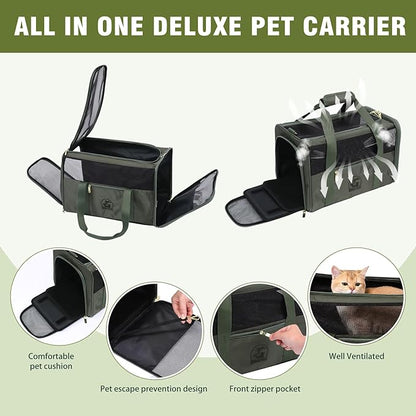 Luxury Pet Carrier for Dogs, Cats, Puppies - Airline TSA Approved, Durable Anti-Scratch Fabric, Soft-Sided, Consistent Airflow, Foldable Design, Cushion Pad, Travel (Olive Green, Medium)