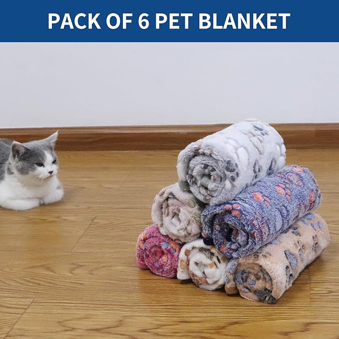 BVAGSS 6 Pack Small Dog Blanket, Super Soft Warm Pet Cover Blankets, Paw Print Puppy Fleece Flannel Blanket for Small Medium Dogs and Cats MW003