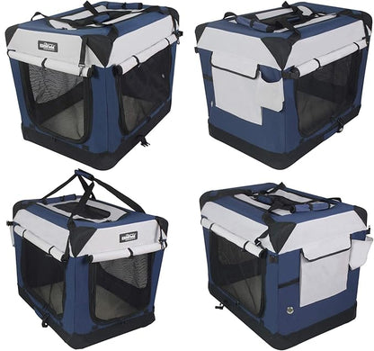 EliteField 4-Door Folding Soft Dog Crate with Curtains, Carrying Bag and Fleece Bed (2 Year Warranty), Indoor & Outdoor Pet Home (36" L x 24" W x 28" H, Navy Blue +Gray)