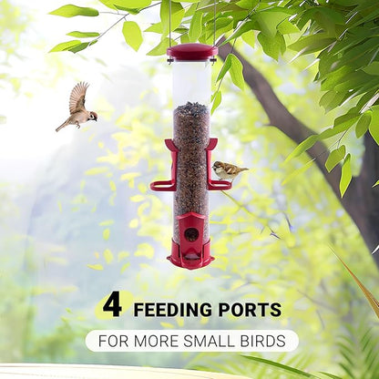 Tube Bird Feeder for Outdoors Hanging Finch Feeders for Outsides Metal 4 Ports & U Perches Squirrel Chew Proof, Removable Base, Easy to Fill & Clean, Red Attracts More Wild Birds