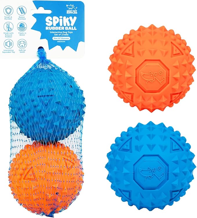 Best Pet Supplies Squeaky Rubber Spiky Ball Dog Toy Durable Non-Toxic Perfect for Aggressive Chewers Spiked for Dental Health Interactive Dog Toy - Pack of 2 - Blue, Orange (M:2.5")