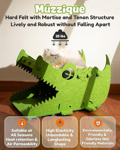 Cat House, Muzzique Cute Crocodile Felt Pet Nest, for Indoor Cats & Small Dogs, Removable Washable Kitten Playhouse, Large Peekaboo Kitty Cave, Enclosed Puppy Bed, Scratch/Sleep Dog Cube Furniture