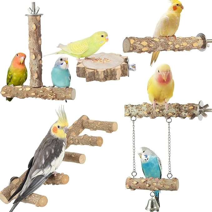 Bird Ladder Perch for Cage, Nature Wooden Bird Bridge Exercise Stands Parrot Climbing Chewing Toys for Small Animal (B)