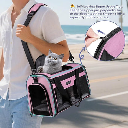 BALEINE Cat Carrier, Puppy Dog Carrier for Small Medium Pets Up to 15 Lbs, Soft-Sided Dog Travel Bag with Safety Zippers, Collapsible Pet Carrying Case (Pink, L, 17"x11"x11")