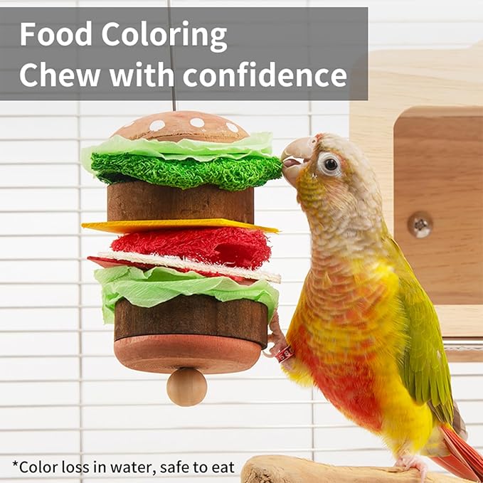 Bird Toys & Bird Perch, Bird Wooden Block Chewing Toy Parrot Foraging & Puzzle Toys Bird Cage Accessories for Conures Parakeets Cockatiels Lovebirds African Grey Macaws (Burger FruitFork)