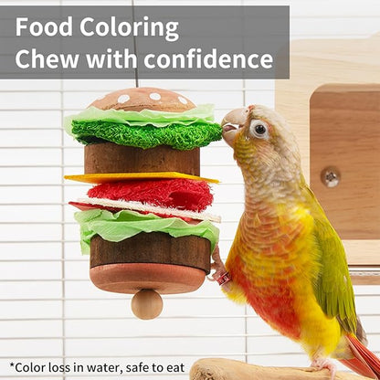 Bird Toys & Bird Perch, Bird Wooden Block Chewing Toy Parrot Foraging & Puzzle Toys Bird Cage Accessories for Conures Parakeets Cockatiels Lovebirds African Grey Macaws (Burger FruitFork)
