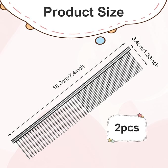 2PCS Pet Steel Combs, Rounded Ends Dog Grooming Comb Silver Cat Steel Grooming Tool Remove Matted Fur Dog Cat Comb Tool Pet Dematting Comb for Long and Short Haired Dogs Cats