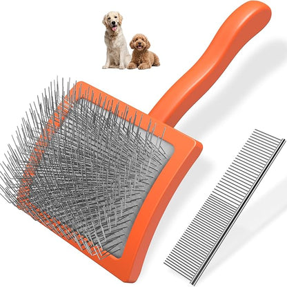 2PCS Slicker Brush for Dogs & Pet Comb,Professional Dog Grooming Brush (Goldendoodles,Poodles,Labradoodles) with Extra Long Pins to Effectively Remove Tangles, Knots and Mats (Orange Large)