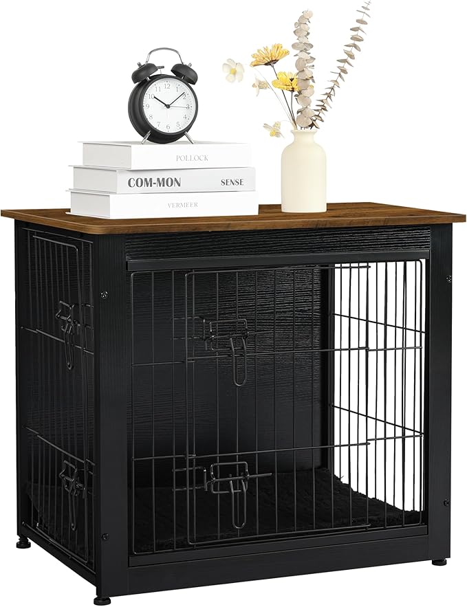 DWANTON Dog Crate Furniture with Cushion, Wooden Dog Crate with Double Doors, Dog Furniture, Dog Kennel Indoor for Small Dogï¼_nd Table, 27.2" L, Black+Warm Brown