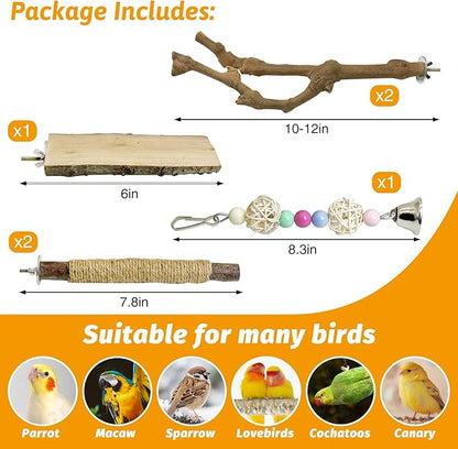 kathson 5pcs Natural Parrot Perch for Cage Wooden Bird Perches Grape Bird Stick Parakeet Climbing Standing Branches Toy Chewable Cage Accessories for Small Budgies Cockatiels Lovebirds