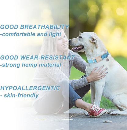 DOGWONG Cotton Hemp Dog Collar, Heavy-Duty Blue Dog Collar Adjustable Soft Natural Fabric Cute Wedding Puppy Necklace for Small Medium Large Dogs