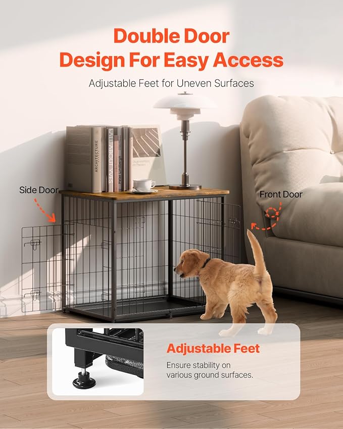 VEVOR 27" Dog Crate Furniture With Double Doors, 2-in-1 Decorative Wooden Kennel End Table, Removable Tray, Holds up to 30 lbs for Small, Medium Dogs - Brown