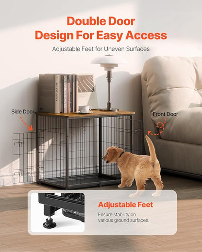VEVOR 27" Dog Crate Furniture With Double Doors, 2-in-1 Decorative Wooden Kennel End Table, Removable Tray, Holds up to 30 lbs for Small, Medium Dogs - Brown