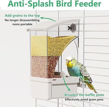 Hamiledyi Automatic Bird Feeder No Mess Bird Cage Feeder Transparent Acrylic Parrot Seed Food Container with Perch Cage Accessories for Parakeet Finch Lovebirds Budgies Canary (White)
