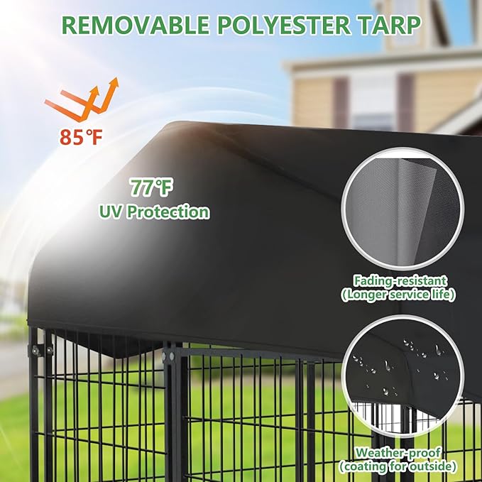 Dog Kennel Outdoor with Waterproof Roof, 4'L x 4'W x 4.5'H Large Outdoor Kennel with Rotating Feeding Door, Bowls, Dog Cage for Outside Dog House Enclosure for Dogs, Cat, Rabbits