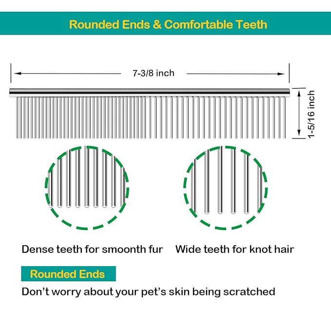 3 Pack Dog Combs for Grooming Matting, Metal Cat Comb with Round Ends, Stainless Steel Pet Grooming Comb for Removing Tangles and Knots for Long and Short Haired Dog (7.4 inches)