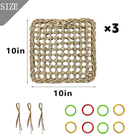 Tfwadmx Large Bird Seagrass Hammock Tent, 3Pcs 9.8x9.8in Seagrass Mat for Birds, Hanging Parrot Toys, Counre House Hut Hideout for Parakeets, Lovebirds, Budgies, Cockatiels