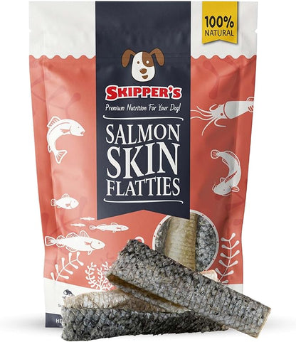 SKIPPER'S Salmon Fish Skin Flatties - Dental Chews for Dogs, Long Lasting Natural Dog Treats, Healthy Pet Supplies Support Skin Coat & Joint Function | Salmon Fish Dried Flatties Dog Food (3.5Oz)