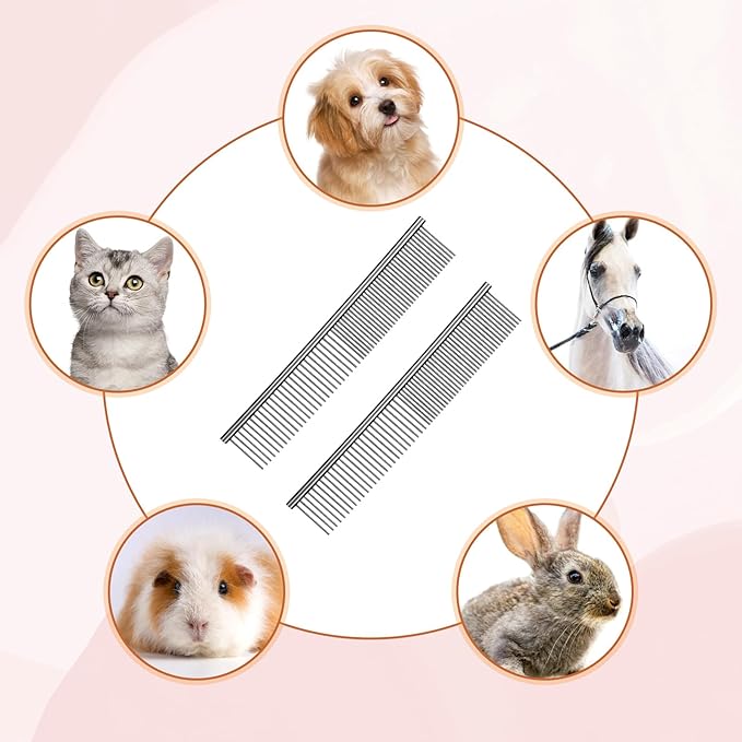 2PCS Pet Steel Combs, Rounded Ends Dog Grooming Comb Silver Cat Steel Grooming Tool Remove Matted Fur Dog Cat Comb Tool Pet Dematting Comb for Long and Short Haired Dogs Cats