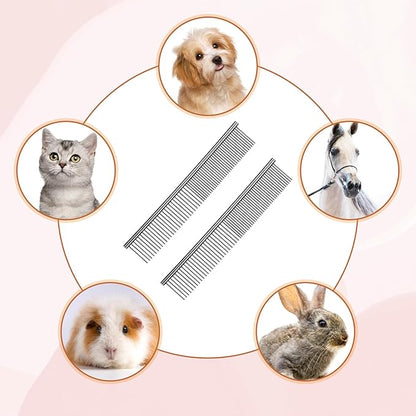 2PCS Pet Steel Combs, Rounded Ends Dog Grooming Comb Silver Cat Steel Grooming Tool Remove Matted Fur Dog Cat Comb Tool Pet Dematting Comb for Long and Short Haired Dogs Cats