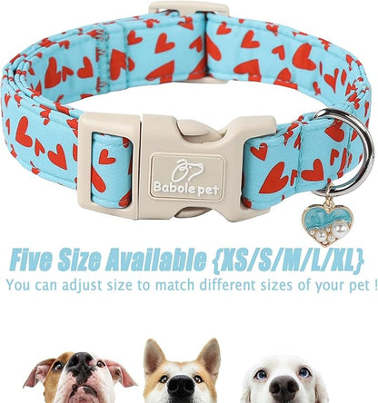 Valentine's Day Dog Collar - Cute Blue Valentines Dog Collar Girl Boy Durable Adjustable Red Heart Pattern Charm Dog Collars for Small Medium Large Dogs M