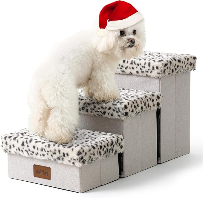 Dog Stair for Small Dogs with Storage, 13.6" H Foldable Pet Step with Soft Leakproof Cover, Older Cat Ramp for Chair Couch Sofa, Lightweight, Comfort, 24.8x13x13.6 inch, 3 Tiers, Leopard