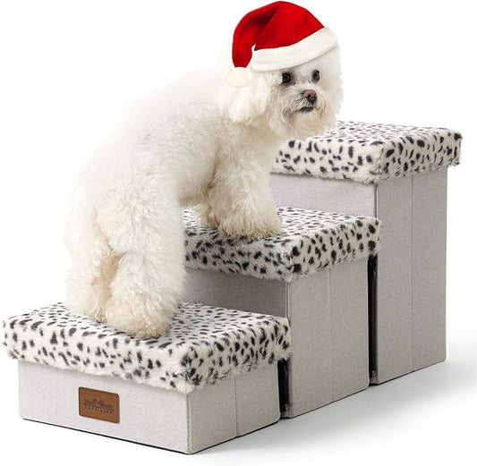 Dog Stair for Small Dogs with Storage, 13.6" H Foldable Pet Step with Soft Leakproof Cover, Older Cat Ramp for Chair Couch Sofa, Lightweight, Comfort, 24.8x13x13.6 inch, 3 Tiers, Leopard