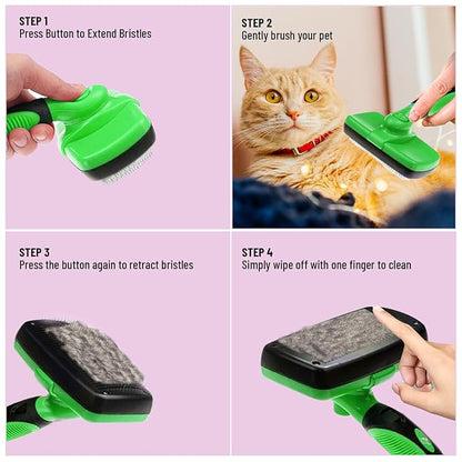 Self Cleaning Slicker Brush for Cat and Dog Coat - Detangler Dog Brush for Shedding & Grooming - Super Easy to Clean Deshedding Grooming Tool Removes Loose Pet Hair, Mats and Tangles (Green)